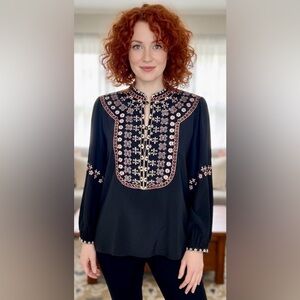 VILSHENKO Moscow Boho Black Silk Pink Florsl Embroidered Button Bib Blouse Top M